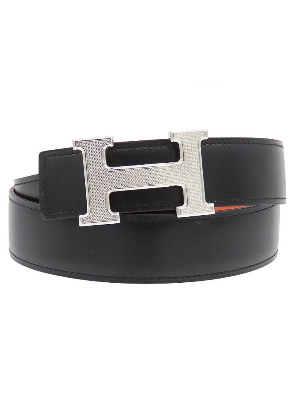 Hermes Constance H Belt Reversible Black Orange Guilloche Box Calf Togo 80